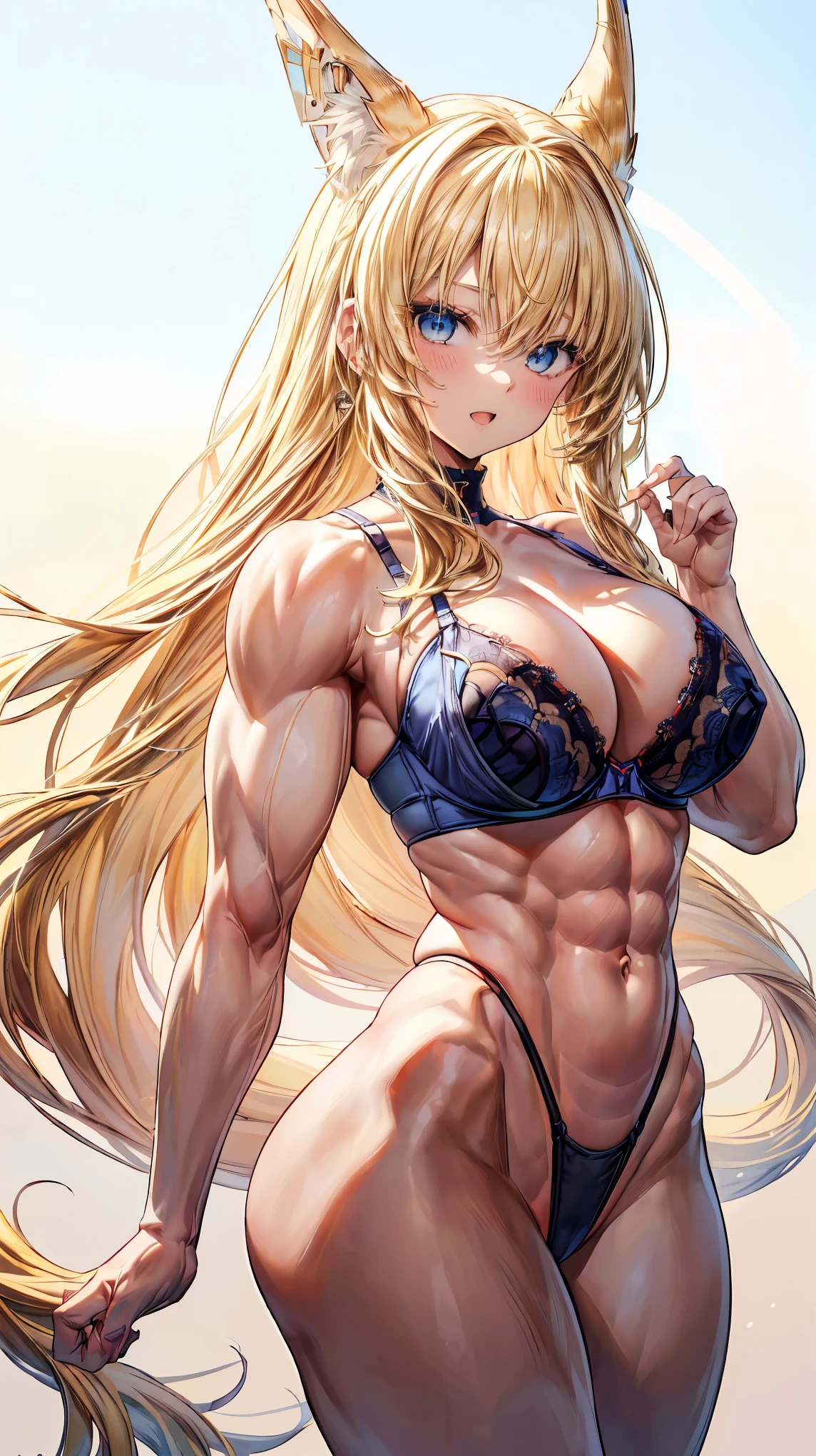 Very detailed、highest quality、Best image quality、masterpiece、8k、Anime Face、A kind smile、(Open your mouth:1.3)、Sparkling blue eyes、(Blonde semi-long hair:1.5)、(Muscles of the whole body:1.3)、(highleg:2.0)、Thigh belt、(Upper body photo:1.5)、(SFW Giant)、(Thick body:1.2)、(bra:1.5)、(sxspnts)、(Hands on hips)