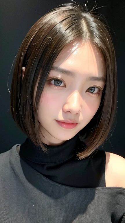 (((Close-up of face)))、(((Absolutely shoulder-length brown straight short bob)))、(((She is posing like a hair salon model, with a black wall indoors as the background.)))、(((Casual black winter long sleeves with shoulders covered)))、Half Japanese, half Korean、18 year old girl、Standing Alone、Looking forward、Light eye makeup、Brown Hair Color、Flat and 、Hair blowing in the wind、Actress Quality、Glossy, ultra-realistic face、Smiling face、Watery eyes、Gazing Up、Subtle lighting effects、 Ultra-Realistic Capture、Very detailed、High resolution 16K close up of human skin。Skin texture must be natural、The details must be such that pores can be clearly seen、The skin is healthy、Uniform tone、Use natural light and colors、A worn-out, high-quality photo taken by a model agency&#39;s in-house photographer.、smile、(((SIGMA 300 mm F/1.4,1/1000 sec shutter,ISO 400))) 