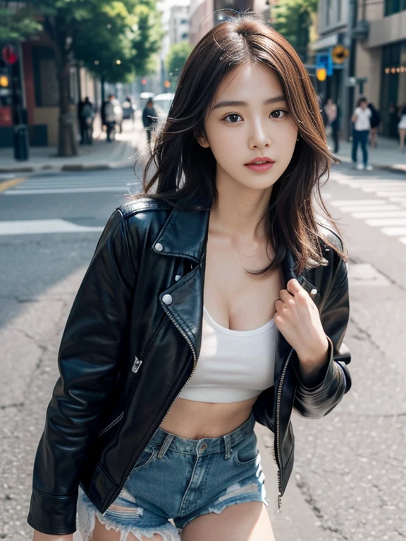 A cute Japanese actress at crowed street in black_leather_jacket over white T-shirt, denim shorts, cleavage, large breasts, belly button, (hair fluttering in the wind), full body, (looking at viewer), realism, natural soft light, cute & kawai, (baby face), prostitute_expression, adorable, detailed eyes, beautiful actress, ((chiseled face)), smooth skin, masterpiece, best quality, 8K, detailed, detailed face and skin, hi-res, perfect anatomy, physically-based rendering, photorealistic, symmetric clear eyes, well-groomed face