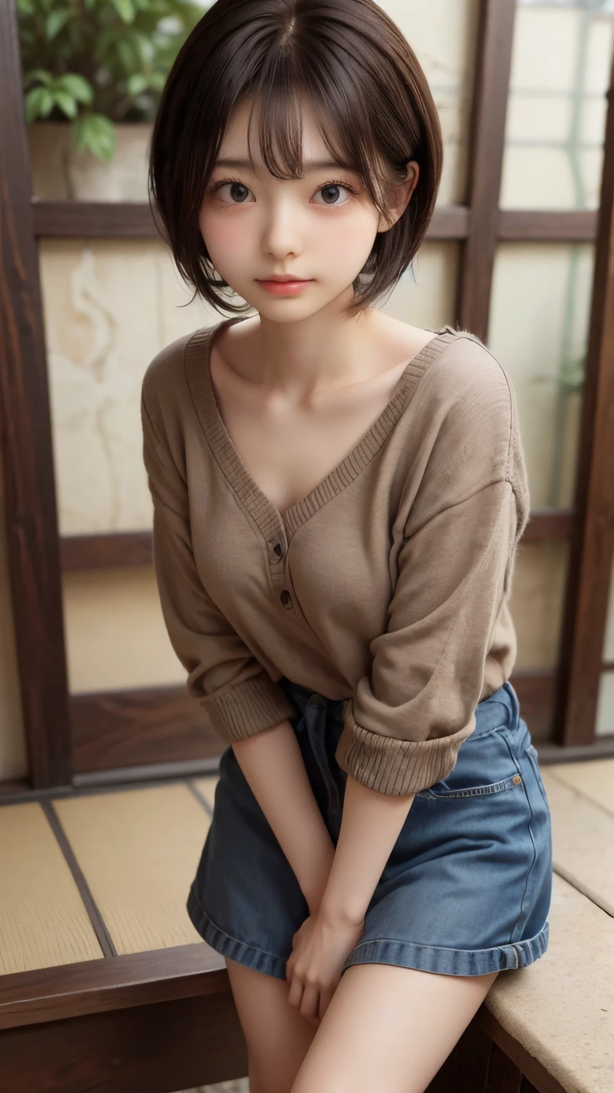 detailed face, cute face,brown eye, ((standing)) , (both hands on knee) , leaning forward , master piece , best quality , highly detailed , (matured female) , extra short hair, sidelocks-hair, japanese