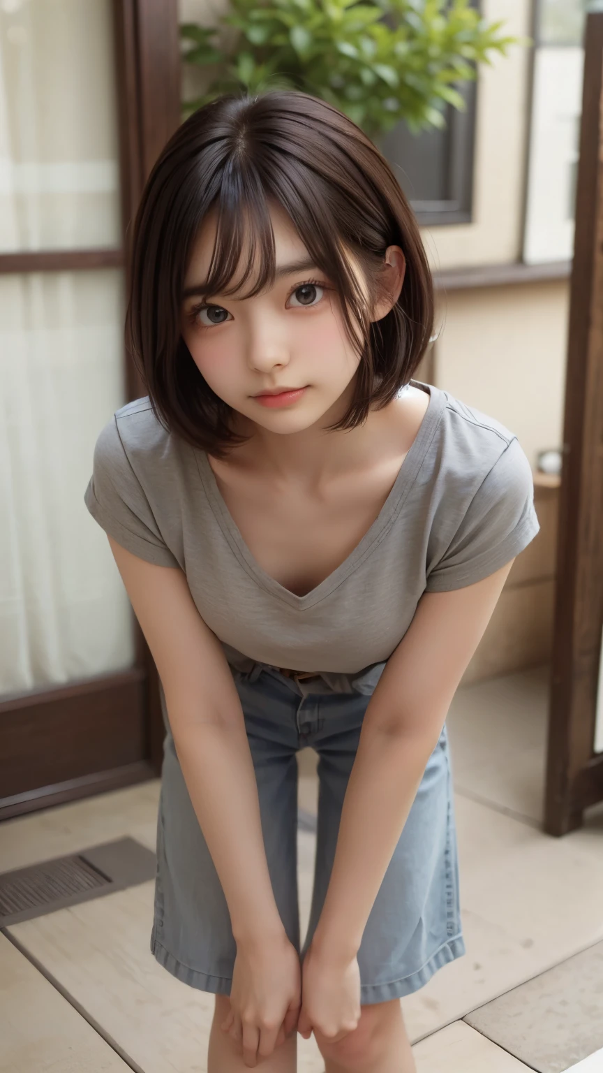 detailed face, cute face,brown eye, ((standing)) , (both hands on knee) , leaning forward , master piece , best quality , highly detailed , (matured female) , extra short hair, sidelocks-hair, japanese