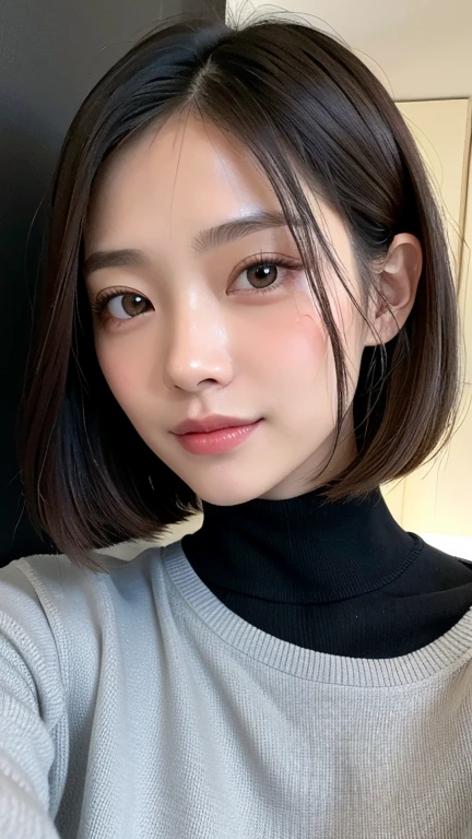 (((Close-up of face)))、(((Absolutely shoulder-length brown straight short bob)))、(((She is posing like a hair salon model, with a black wall indoors as the background.)))、(((Casual black winter long sleeves with shoulders covered)))、Half Japanese, half Korean、18 year old girl、Standing Alone、Looking forward、Light eye makeup、Brown Hair Color、Flat and 、Hair blowing in the wind、Actress Quality、Glossy, ultra-realistic face、Smiling face、Watery eyes、Gazing Up、Subtle lighting effects、 Ultra-Realistic Capture、Very detailed、High resolution 16K close up of human skin。Skin texture must be natural、The details must be such that pores can be clearly seen、The skin is healthy、Uniform tone、Use natural light and colors、A worn-out, high-quality photo taken by a model agency&#39;s in-house photographer.、smile、(((SIGMA 300 mm F/1.4,1/1000 sec shutter,ISO 400))) 