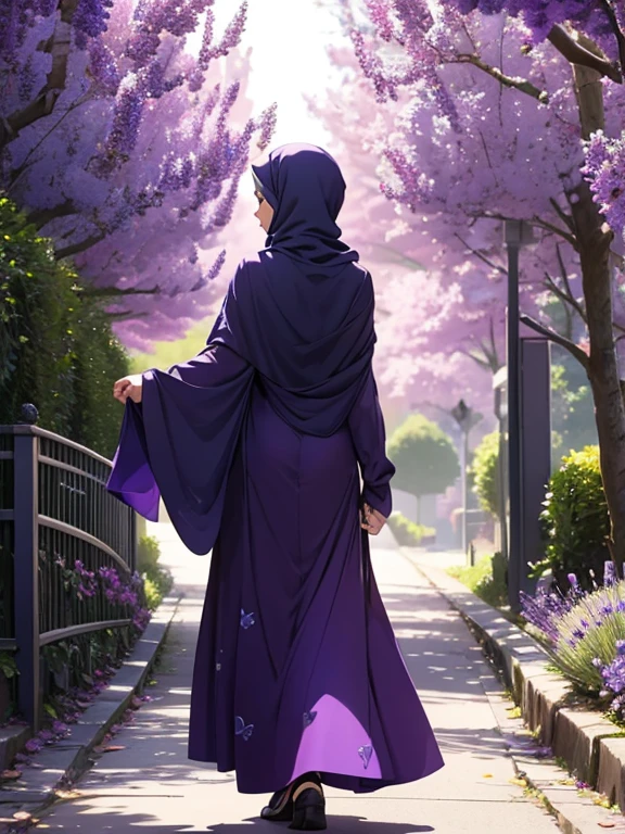 potrait style, ultra realistic photo, close-up view from the back, a woman wearing full hijab, wearing a purple dress very detailed, violet silk hijab, walking at the lavender park a residential road, surrounded by beautiful purple butterflies, hd quality, ultra sharp, realistic detailed,