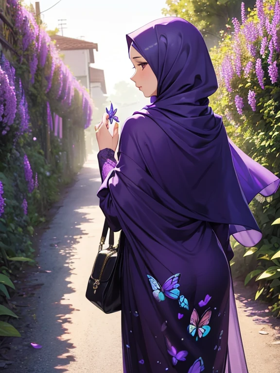potrait style, ultra realistic photo, close-up view from the back, a woman wearing full hijab, wearing a purple dress very detailed, violet silk hijab, walking at the lavender park a residential road, surrounded by beautiful purple butterflies, hd quality, ultra sharp, realistic detailed,