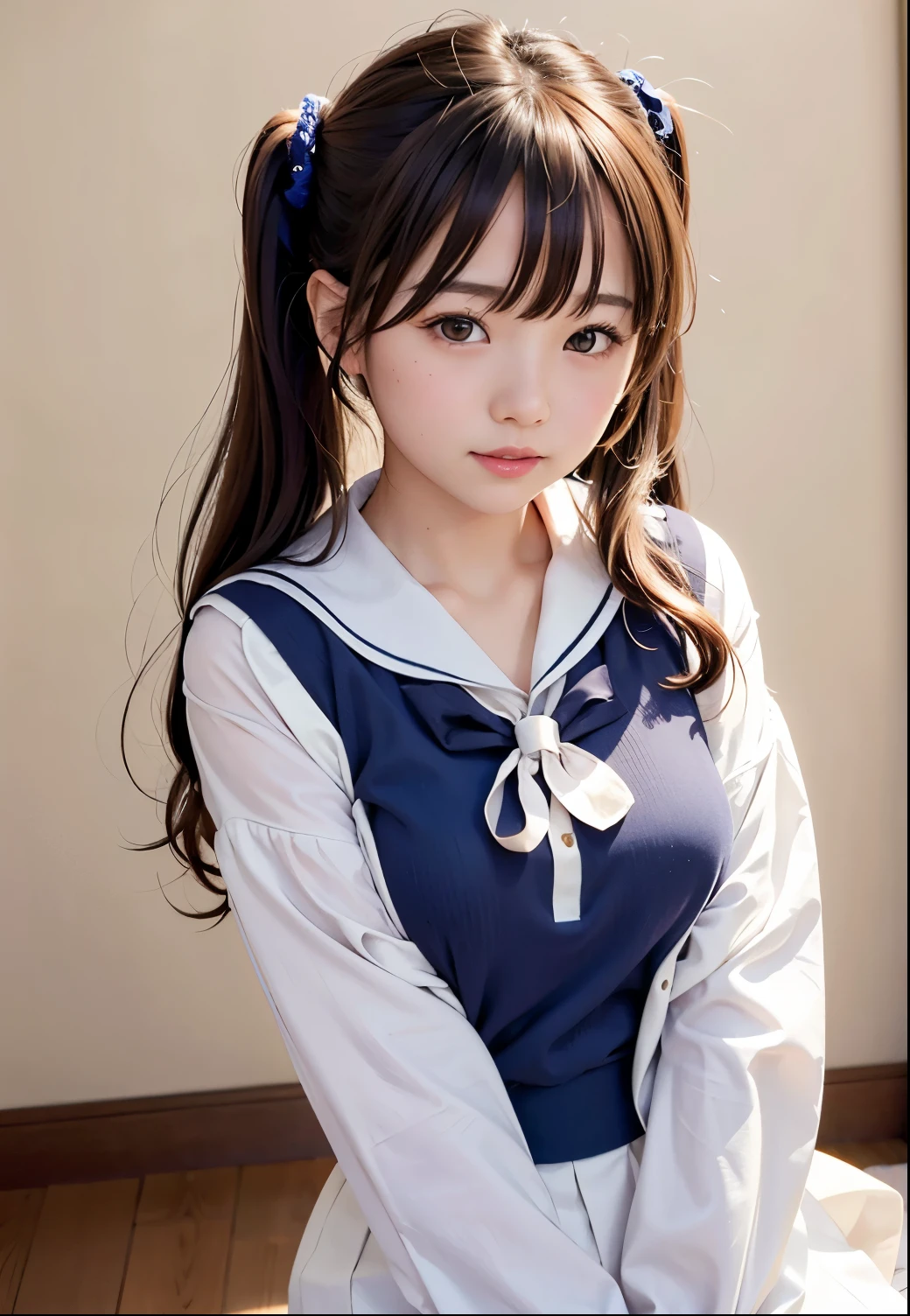 (highest quality,masterpiece:1.3,Ultra-high resolution),(Very detailed、Caustics) (Realistic:1.4, RAW shooting、)Ultra-Realistic Capture、Very detailed、Natural skin texture、masterpiece、(One Japanese girl wearing a  high school sailor uniform:1.3)、Adorable expression、Expressions of Happiness、14 yea Face、Amazingly cute、Twin tails、Curly Hair、Black Hair、Scrunchie、necklace、Bare arms、light makeup、G-cup breasts、Shining Breasts、Shining thighs、Filmed in a private room at a sex shop、The scene when he entered the room、A pose that emphasizes the chest、smile、An inviting gaze、Full body photography、Dark Room、Anatomically correct、Attention to detail、