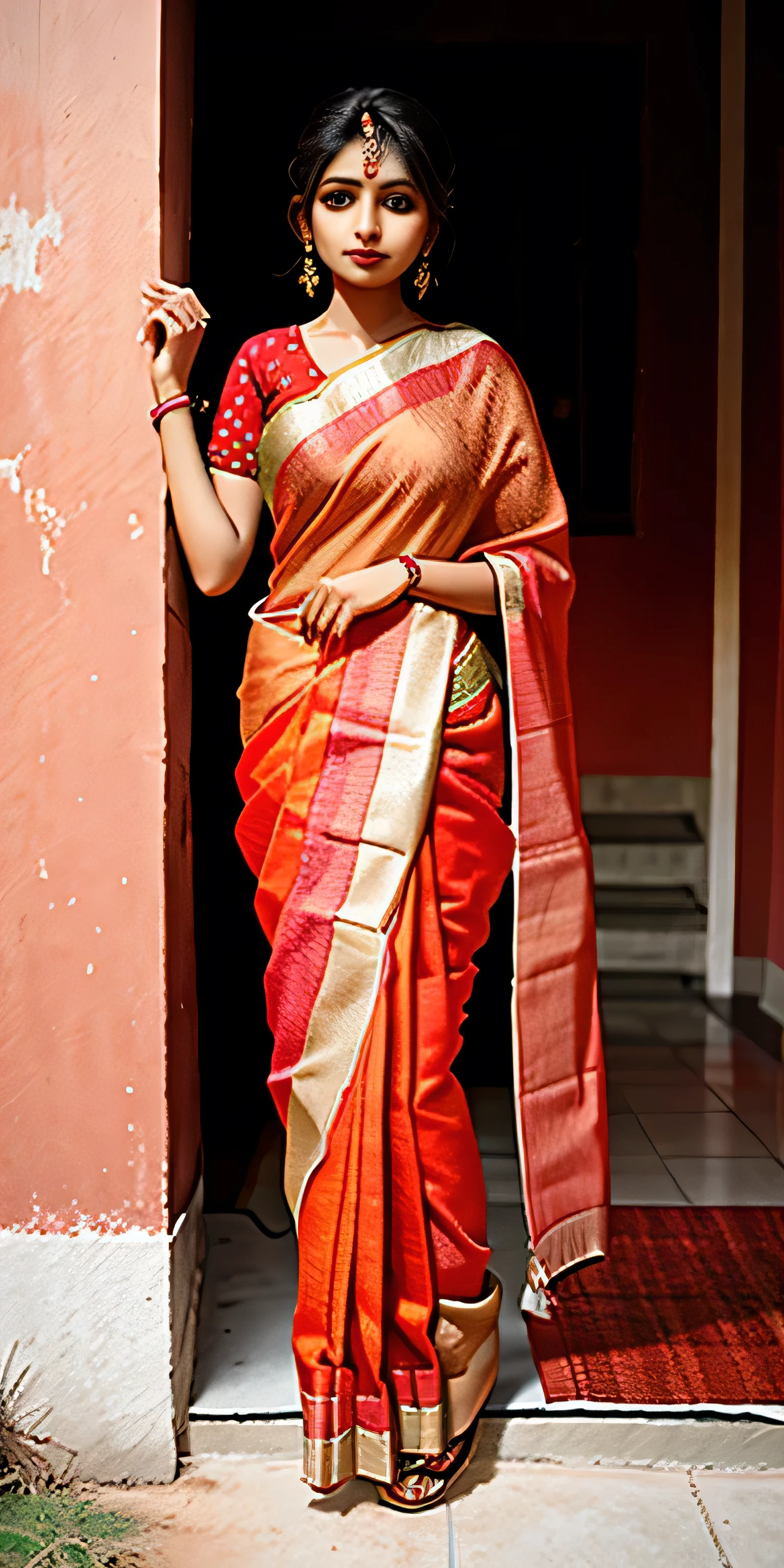 An Indian girl standing on ground in red colour sari 