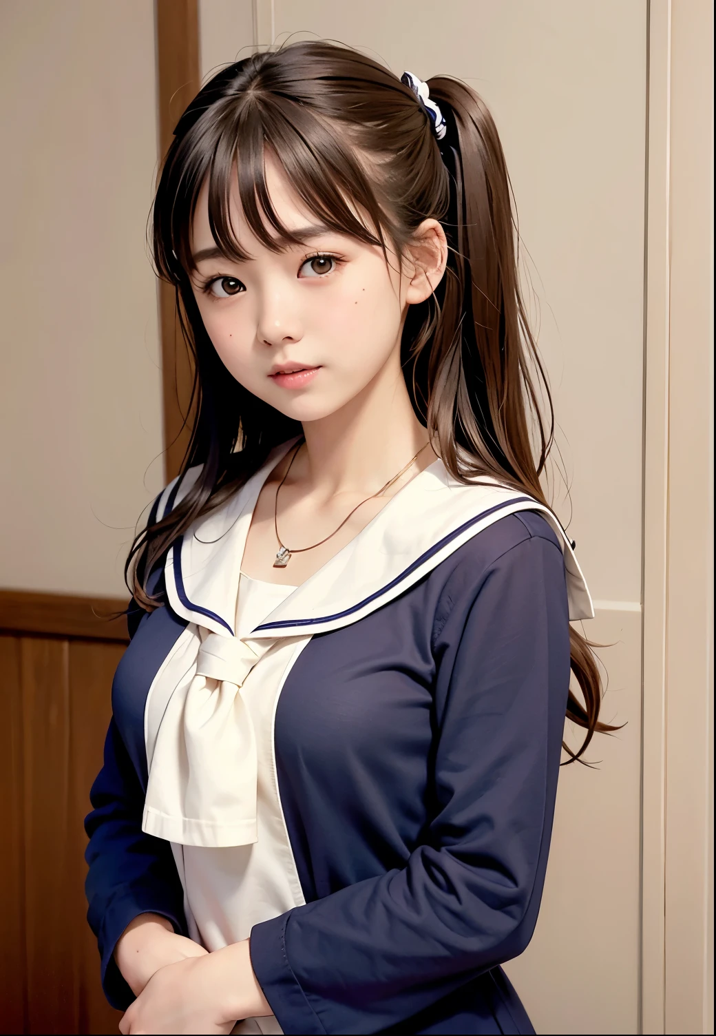 (highest quality,masterpiece:1.3,Ultra-high resolution),(Very detailed、Caustics) (Realistic:1.4, RAW shooting、)Ultra-Realistic Capture、Very detailed、Natural skin texture、masterpiece、(One Japanese girl wearing a junior high school sailor uniform:1.3)、Adorable expression、Expressions of Happiness、14 years old、Young Face、Amazingly cute、Twin tails、Curly Hair、Black Hair、Scrunchie、necklace、Bare arms、light makeup、G-cup breasts、Shining Breasts、Shining thighs、Filmed in a private room at a sex shop、The scene when he entered the room、A pose that emphasizes the chest、smile、An inviting gaze、Full body photography、Dark Room、Anatomically correct、Attention to detail、
