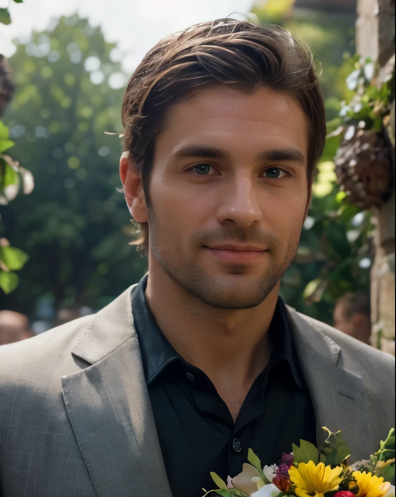 4k uhd, realistic, masterpiece, ((handsome 35 year old desirable caucasian man with distinguished features, holding a bouquet of beautiful flowers, light brown medium length hair, cropped sides, no facial hair, clean shaved face, intriguing green eyes)), athletic build, tall height, seductive smile with a gentle expression, detailed depiction of facial features, perfectly symmetrical face, crisp details, bright outdoor lighting which masterfully accentuates his excellent features