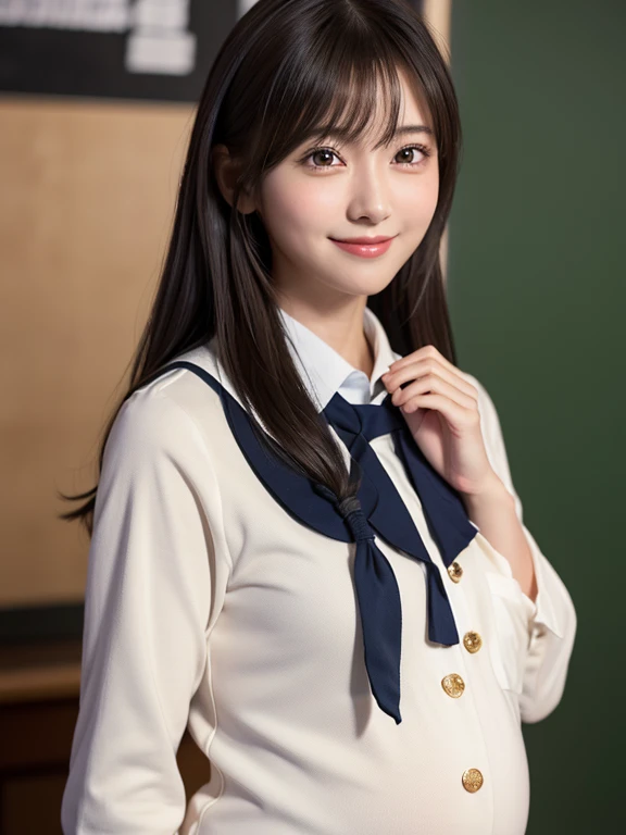 1 Japanese girl,(school uniform:1.4), (RAW Photos, highest quality), (Realistic, Realistic:1.4), Tabletop, Very delicate and beautiful, Very detailed, 8k wallpaper, wonderful, In detail, Very detailedなCG Unity, High resolution, Soft Light, Beautiful details 19 years old, Very detailedな目と顔, Beautiful and detailed nose, Beautiful details,Cinema Lighting,Perfect Anatomy,Slender body,smile (Asymmetrical bangs,),(pregnant)