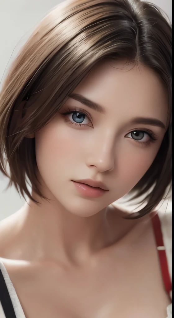 masterpiece, Highest quality, {Highest quality}, {{masterpiece}}, {High resolution}, 8K uhd、RAWphotograph、モデルphotograph撮影、 European race、(masterpiece、Highest quality、Photorealistic、High resolution、photograph:1.3)、Close-up、Focusing、Hot Model、slim、30 year old mature woman、Small face、No makeup、short hair、Dark Hair、Thin beautiful eyes、Real Skin、(perfect body)、Detailed beautiful eyes、Glossy lips、Small breasts、Small breasts、Bust B cup、Realistic details、Cool beauty、Sexy pose、Background gray、Plain gray background