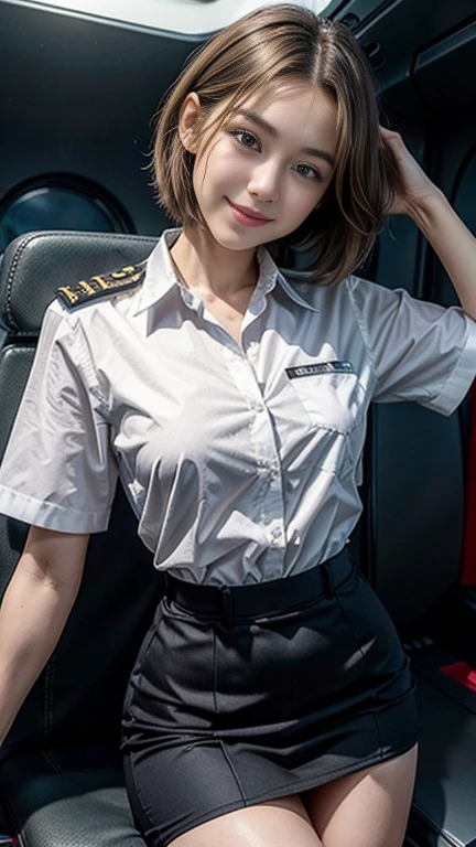 Ultra-high resolution, Ultra-realistic, (whole body), Gorgeous young girl, 24-years-old, Narrow waist, (skinny:1.6), Thin legs, ((ANACabin Attendant Uniform)),(Brown short hair ), 珰, (Collier beautiful model:1.1), The background is inside the aircraft、((What a lovely smile))、(Adult sexiness、Attractive eyes)、The glimpse of her thighs is beautiful、(Cabin Attendant Uniform)