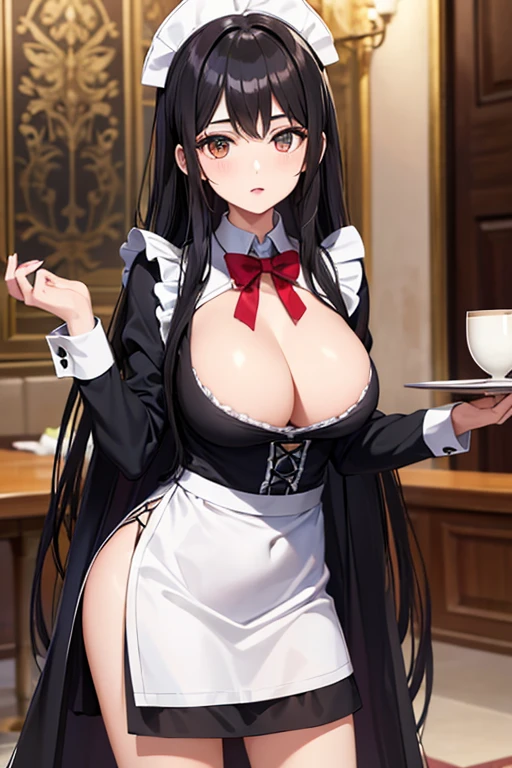 Italian girl 25 years old, very long black hair, with a super immense chest, dressed as a waitress, the dress for her breasts