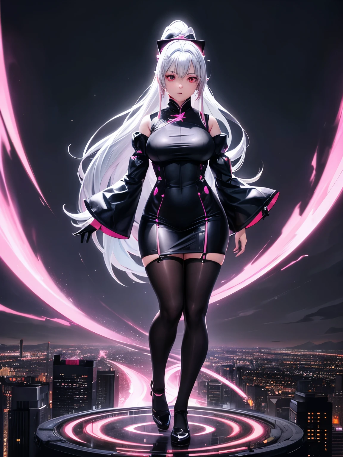 anime, (artwork, best quality, ultra-detailed, high contrast), 1 woman (Alone, full body, plus size body, standing on the edge of the skyscraper, silver hair, LONG In a ponytail, red eyes ruby sparkles, (simple black qipao, black cybernetics with neon pink), transparent black socks), (skyscraper roof, overlooking a city, detailed background ((night time, Darkness, low light pollution)))