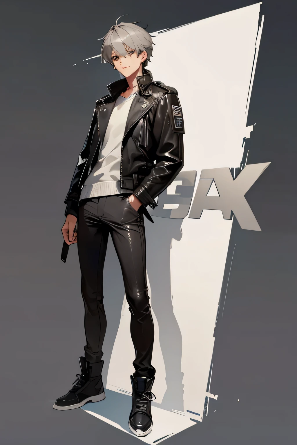 Grey Hair Brown eyes Cool guy Leather jacket Standing with your legs apart