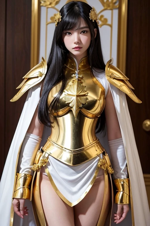 Attractive 18 year old Japanese race queen, Shiny black hair, Close-up of a woman in gold with a white cape, Beautifully patterned gold armor, Sailor Galaxia, God Emperor of Mankind, Golden Armor, Saint Seiya, Gold Paladin, Light Gold Armor, welcome, Dressed in gold armor, Wearing golden armor, Gold Armor, Wearing golden armor, The welcomes of gold, Charismatic, Model standing,The whole body shines like a diamond,