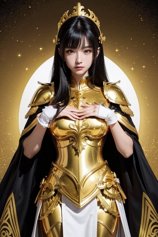 Attractive 18 year old Japanese race queen, Shiny black hair, Close-up of a woman in gold with a white cape, Beautifully patterned gold armor, Sailor Galaxia, God Emperor of Mankind, Golden Armor, Saint Seiya, Gold Paladin, Light Gold Armor, welcome, Dressed in gold armor, Wearing golden armor, Gold Armor, Wearing golden armor, The welcomes of gold, Charismatic, Model standing,The whole body shines like a diamond,