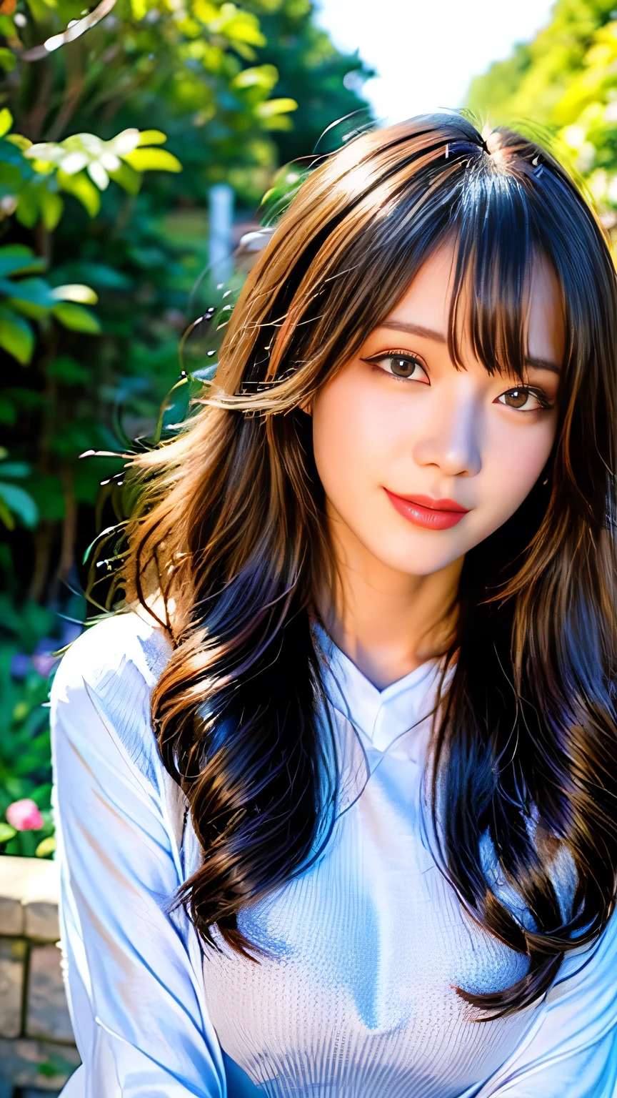 Full Body Angle、((highest quality, 8K, masterpiece: 1.3)), concentrated: 1.2, Cute girl 1,Nipples erect、 Perfect beauty: 1.4,Crisscross V-neck T-shirt, Casual summer short sleeve t-shirt: 1.2,Long sleeve、Randall Color、comics＆Text Graphics、Black ruffle-trimmed drawstring zip blouse,1.1, Highly detailed face and skin textures, Fine grain, double eyelid, whitening skin, ,highest quality,Ultra-high resolution,you,1 girl,alone,_Shiny_skin,Iris,necklace,((Brown_length_Wavy_hair)),(lips)),eyelash,Front hair,deal with,compensate,Shiny,pore,skin texture,Large Breasts、smiling face、Front hair、garden、