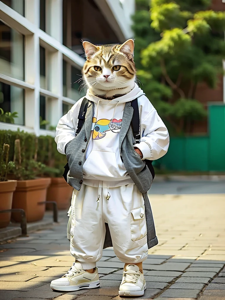 masterpiece, highest quality, cute cat, Wearing a casual suit, White sneakers, Cool expression, Cute digital illustration art,