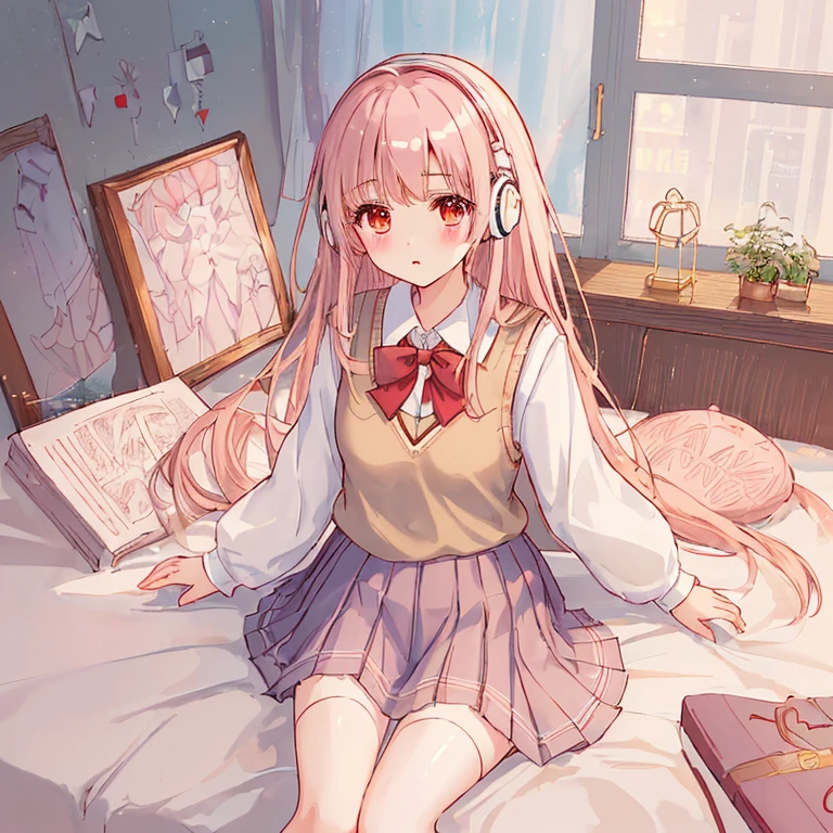 (8k、highest quality、masterpiece:1.2)、Illustration touch、Ultra-detailed、Super A High Resolution、Light pink hair、long hair、Headphones、One woman in uniform、clear、High 、White long sleeve blouseとnavy blue sweater vest、White long sleeve blouse、The blouse is buttoned、Red ribbon tie、navy blue sweater vest、Red Check Skirt、Red Check Skirt、mini skirt、White knee socks、White Pantyhose、delicate、Sitting duck-style on the bed、M-shaped legs、Inner thighs、White panties、(School uniform:1.4)、Blushing