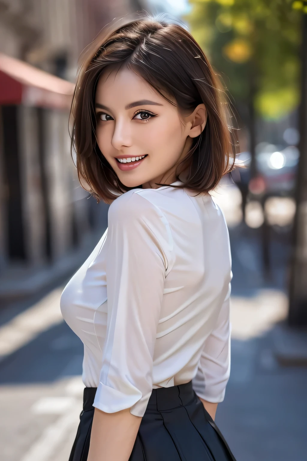 (8k, RAW Photos, highest quality, masterpiece, Realistic, Realistic), (1 female), (Ultimate beauty), Highly detailed face, (Perfect Teeth), Beautiful Eyes, double eyelid, eyelash, smile, Lip details, (Neat brunette bob), The light shines on your face, Big Breasts, ((blouse)), (Tight mini skirt), (background: none),  Background blur