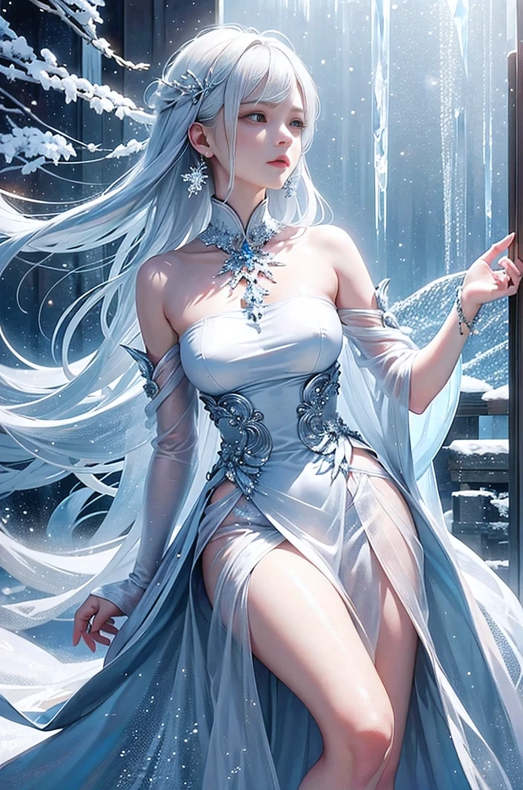 wood, Detailed mini ice spikes and crystals, Frozen waterfall as background, Light reflected on ice crystals, Flowing snowflakes.Beautiful woman、white hair、cutegirl,Realistic people