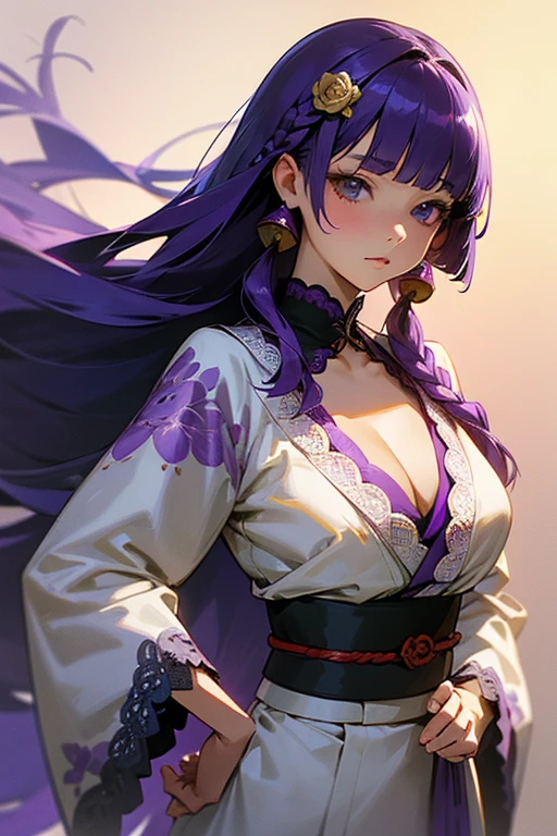 1 girl, Blunt bangs, Braiding, Wide sleeves, hair ornaments, kimono, Yellow and navy lace、(Purple Hair:1.2), Very long hair, Straight hair, Looking at the audience, Highly detailed background, (Realistic:1.2), Beautiful Eyes, Red eyeshadow, Written boundary depth，thigh, (Ulzzang-6500:0.7), Upper Body, (alone:1.2), Cleavage, Shiny skin、Hair blowing in the wind、Four fingers, One thumb、rose、Place hands on hips、