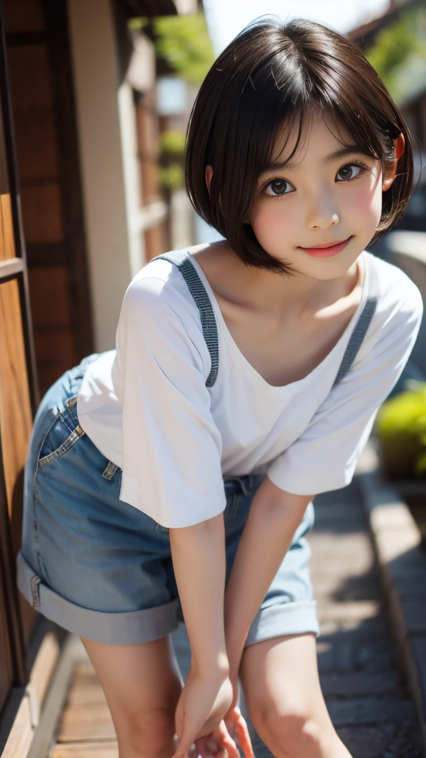 detailed face, cute face,brown eye, ((standing)) , (both hands on knee) , leaning forward , master piece , best quality , highly detailed , (matured female) , extra short hair, sidelocks-hair, japanese