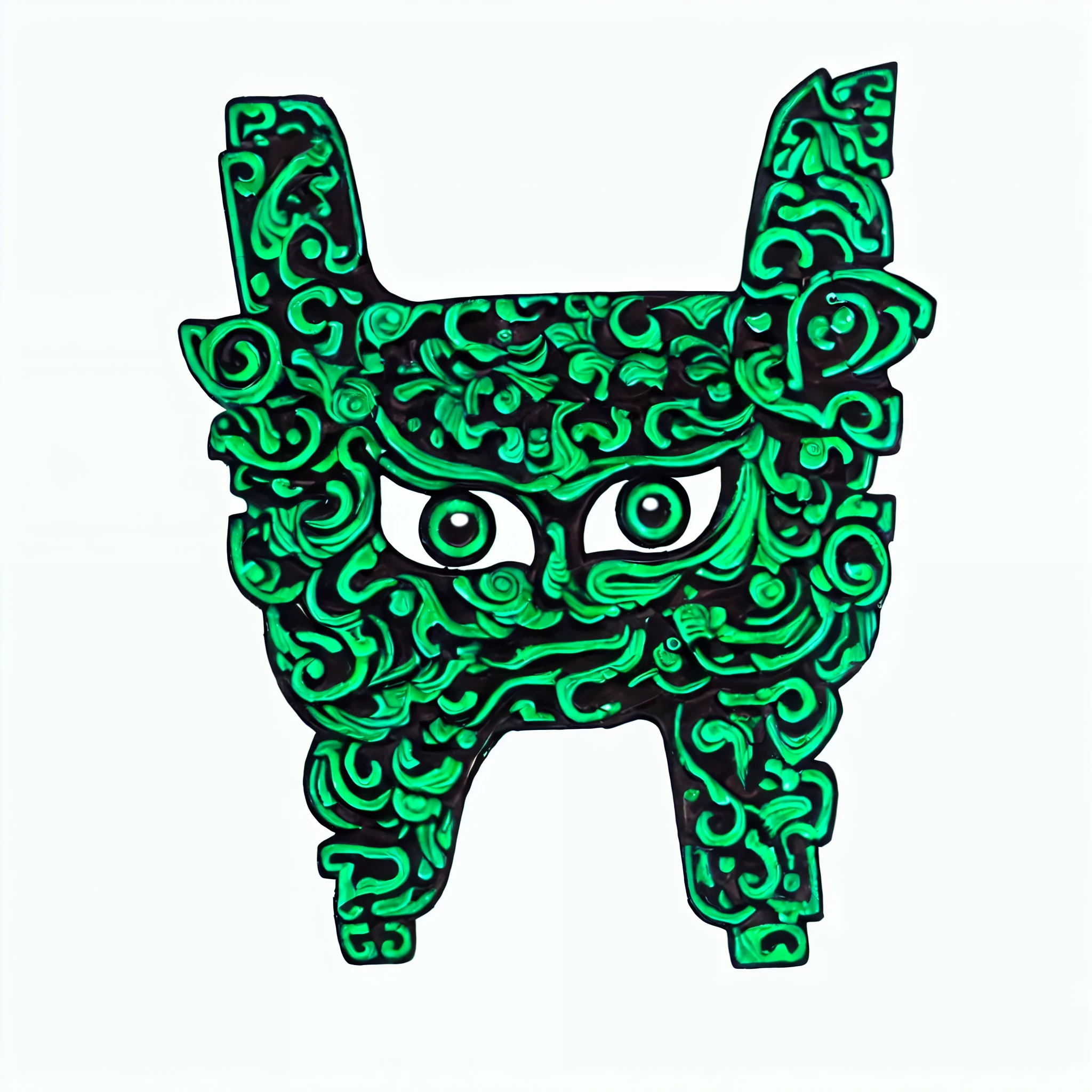 There is a green tripod，There are eyes on it, Mantis head monster,  Turquoise face, Teonana Cartel Glyph, Symmetrical head and eyes, Green Face, Inspired by Miao Fu, Totem 2, shui mo hua,  Big green eyes, Neon Monster Portrait, Hisasi，Style，exaggerate，The expression laughed，