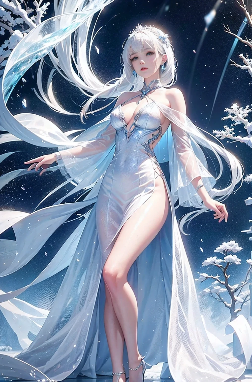 wood, Detailed mini ice spikes and crystals, Frozen waterfall as background, Light reflected on ice crystals, Flowing snowflakes.Beautiful woman、white hair、cutegirl,Realistic people