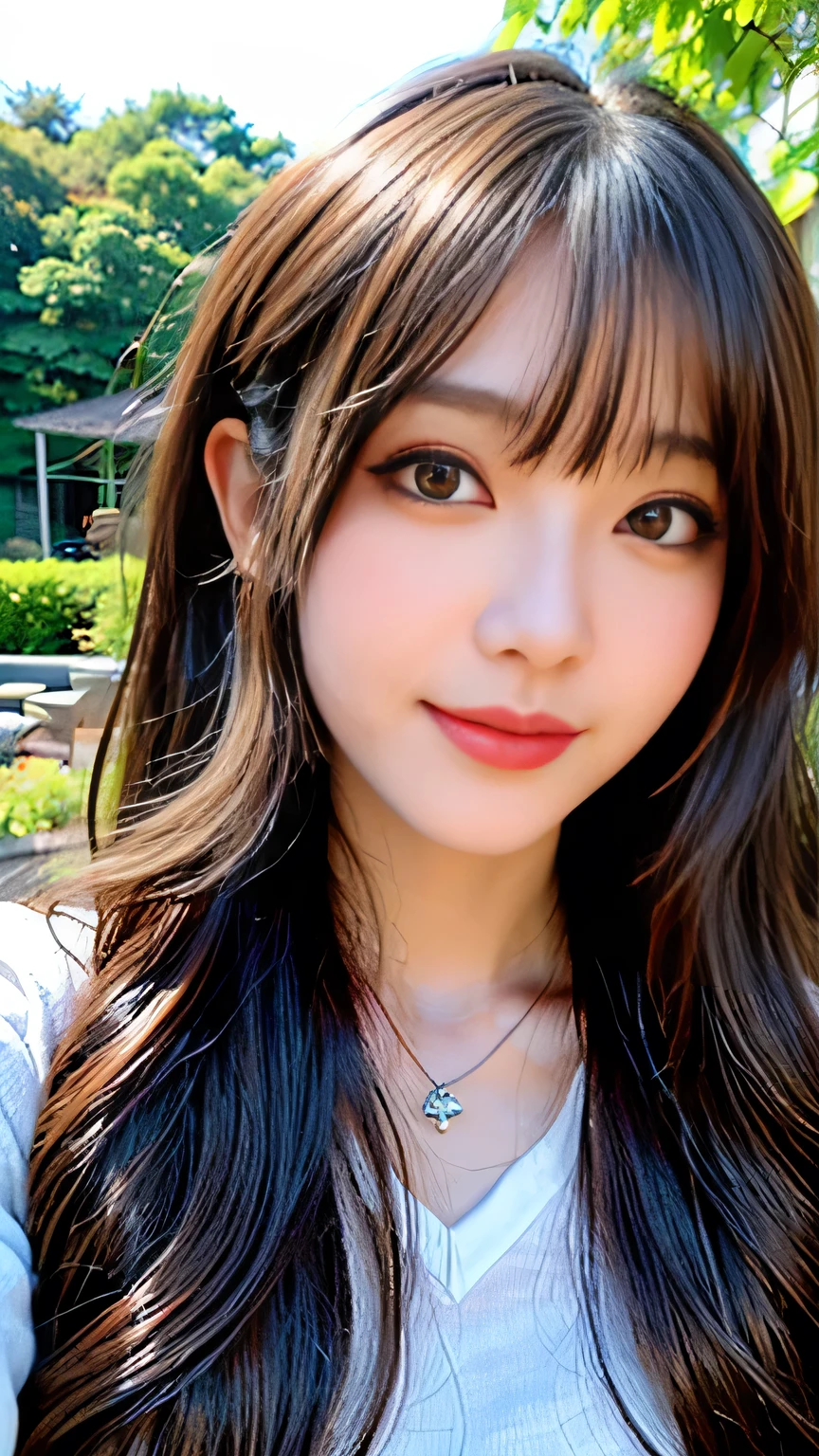 Full Body Angle、((highest quality, 8K, masterpiece: 1.3)), concentrated: 1.2, Cute girl 1,Nipples erect、 Perfect beauty: 1.4,Crisscross V-neck T-shirt, Casual summer short sleeve t-shirt: 1.2,Long sleeve、Randall Color、comics&Text Graphics、Black ruffle-trimmed drawstring zip blouse,1.1, Highly detailed face and skin textures, Fine grain, double eyelid, whitening skin, ,highest quality,Ultra-high resolution,you,1 girl,alone,_Shiny_skin,Iris,necklace,((Brown_length_Wavy_hair)),(lips)),eyelash,Front hair,deal with,compensate,Shiny,pore,skin texture,Large Breasts、smiling face、Front hair、garden、