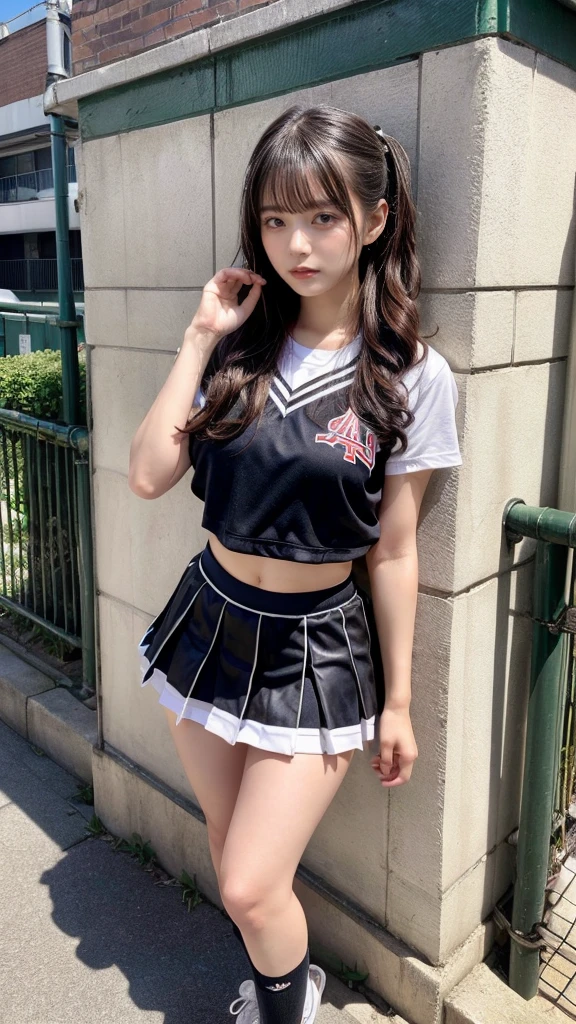 muste piece, best quality, illustration, Super detailed, fine details, High resolution, 8K,wall paper, perfect dynamic composition,(Details High quality, realistic depiction of eyes:1.3), Photo of Japanese actress in American baseball studium, ponytail, (wavy hair:1.2), night, dark, cheerleader, short skirt, huge breasts, sneaker, black hair color, Big Natural Color Lip, perfect body shape, bold sexy pose, crying a little、cold gaze, Harajuku style、20 year old girl、cute type、lolita、beautiful legs, full body photo、focus on crotch, hposing Gravure Idol