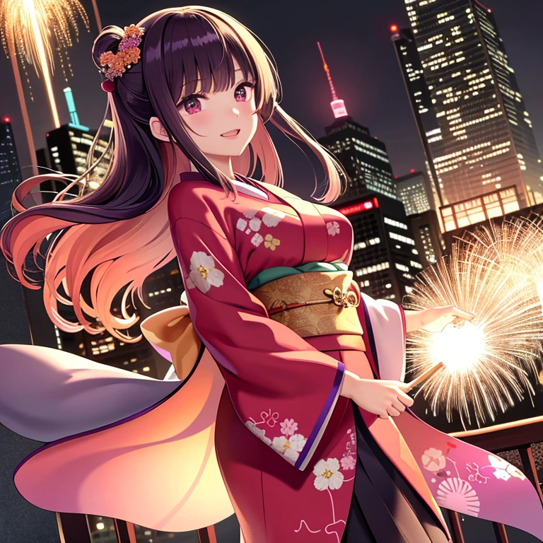 Nishikigoi-style kimono,Ai Fukuhara,Large breasts,Purple long hair,Fireworks are going up in the background