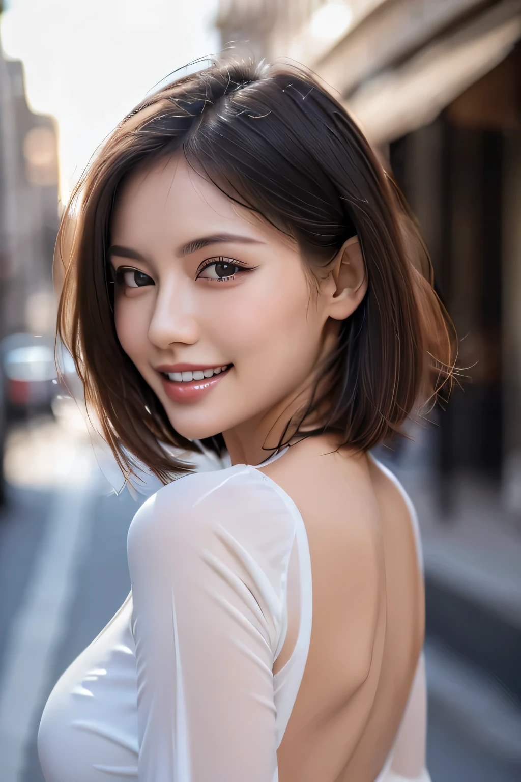 (8k, RAW Photos, highest quality, masterpiece, Realistic, Realistic), (1 female), (Ultimate beauty), Highly detailed face, (Perfect Teeth), Beautiful Eyes, double eyelid, eyelash, smile, Lip details, (Neat brunette bob), The light shines on your face, Big Breasts, ((Colorful mini dresses)), (background: none), Background blur