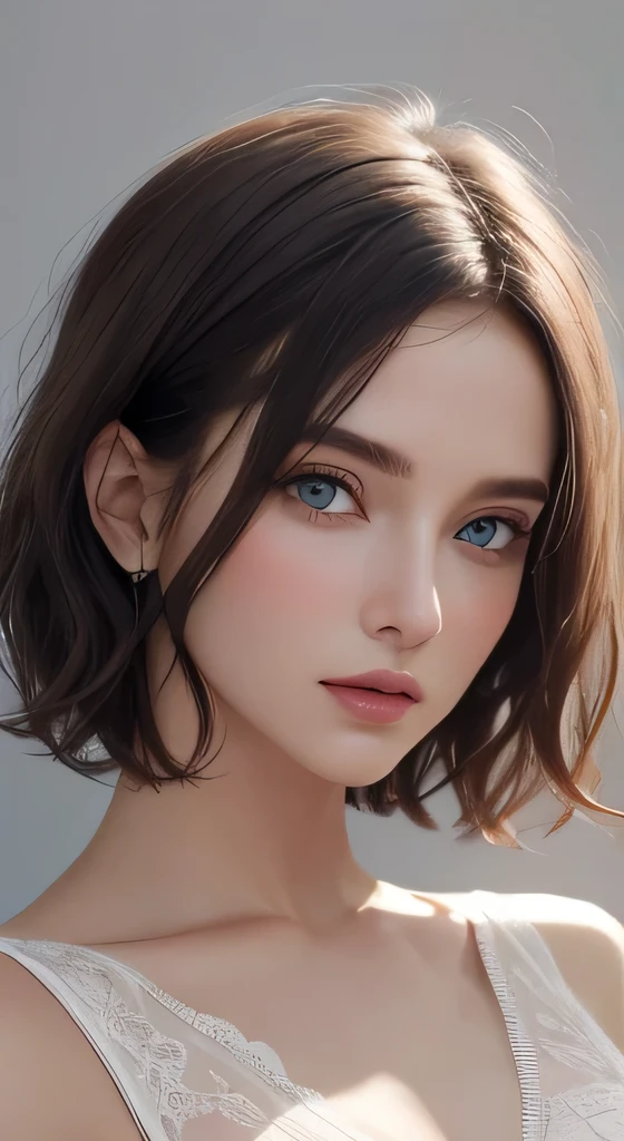 masterpiece, Highest quality, {Highest quality}, {{masterpiece}}, {High resolution}, 8K uhd、RAWphotograph、Model photo shoot、 European race、(masterpiece、Highest quality、Photorealistic、High resolution、photograph:1.3)、Close-up、Focusing、Hot Model、slim、30 year old mature woman、Small face、No makeup、short hair、Dark Hair、Thin beautiful eyes、Real Skin、(perfect body)、Detailed beautiful eyes、Glossy lips、Small breasts、Small breasts、Bust B cup、Realistic details、Cool beauty、Sexy pose、Background gray、Plain gray background