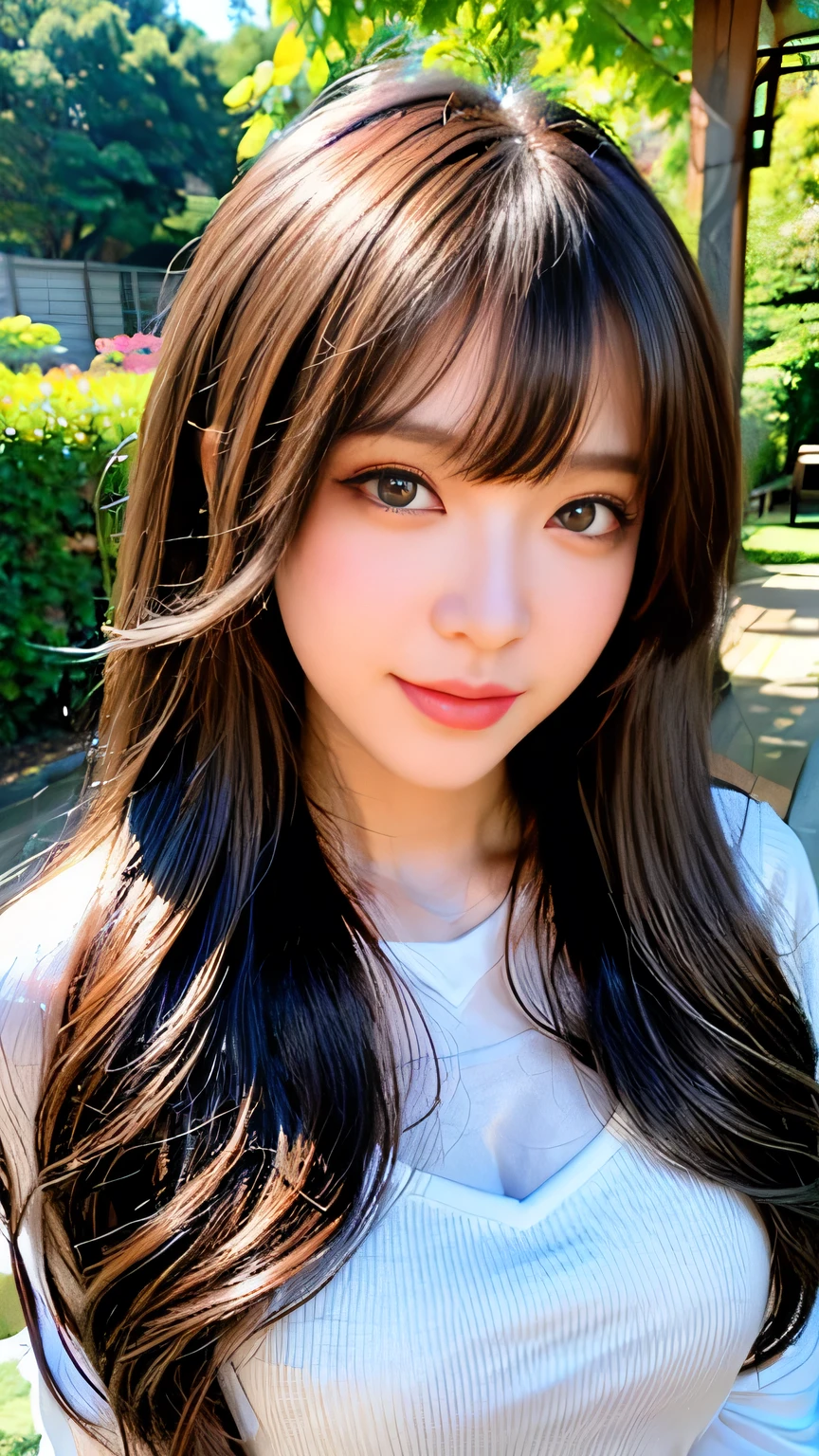 Full Body Angle、((highest quality, 8K, masterpiece: 1.3)), concentrated: 1.2, Cute girl 1,Nipples erect、 Perfect beauty: 1.4,Crisscross V-neck T-shirt, Casual summer short sleeve t-shirt: 1.2,Long sleeve、Randall Color、comics&Text Graphics、Black ruffle-trimmed drawstring zip blouse,1.1, Highly detailed face and skin textures, Fine grain, double eyelid, whitening skin, ,highest quality,Ultra-high resolution,you,1 girl,alone,_Shiny_skin,Iris,necklace,((Brown_length_Wavy_hair)),(lips)),eyelash,Front hair,deal with,compensate,Shiny,pore,skin texture,Large Breasts、smiling face、Front hair、garden、