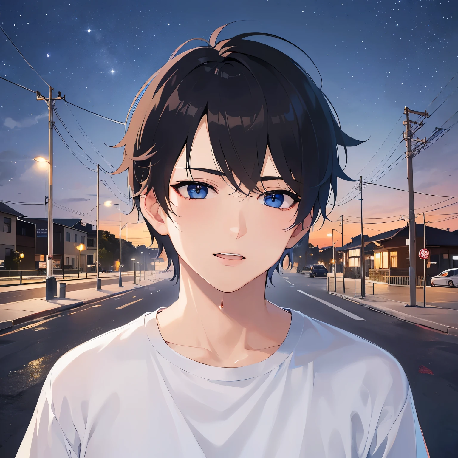 night, dark, close up of your face, masterpiece, top quality, masterpiece, top quality, (25 year old man: 1.5) and (short black hair) and (blue eyes) , (white T-shirt:1.5), standing, Expressionless, open mouth, The background is a Japanese park at night, (alone: 1.5),