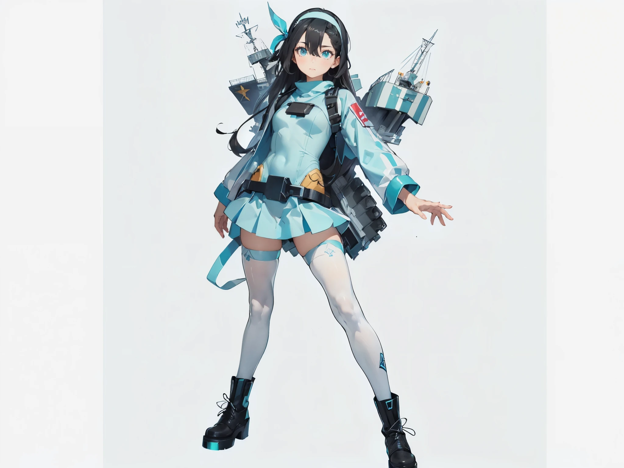 (maximum resolution: 1.2), (ultra high definition:1.2), cinema light, 8K resolution, fine eyes and skin, detailed face, perfect style, cute face, Accurate, anatomically correct, Highly detailed face and skin texture, beautiful and meticulous droopy eyes, , (black hair:1.5), long hair, parted bangs, blue eyes, (white hairband:1.5), (long sleeves one-piece patternless dark cyan shirt:1.5), (tights:1.2), (boots:1.5), standing sexy pose, (in the space battle ship:1.5), (by the universe:1.5)