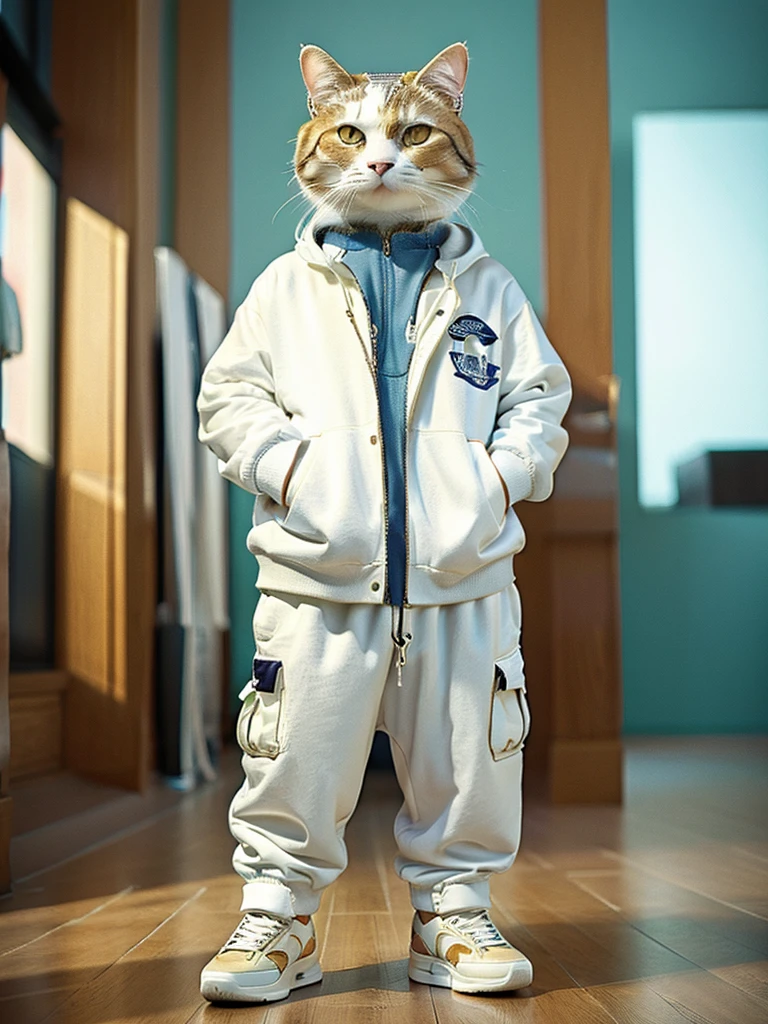masterpiece, highest quality, Cool cat, Wearing a casual suit, White sneakers, Cool expression, Cool digital illustration art,