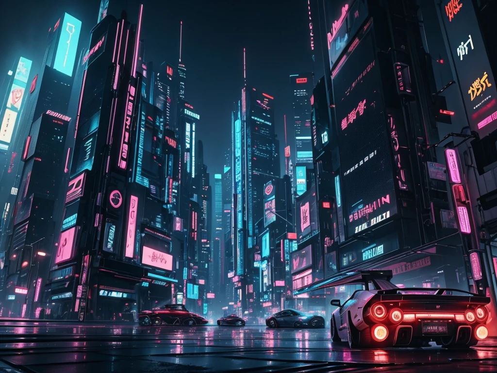 imagine a cyberpunk city full of buldings and futuristic cars,blade runner inspired,neaon lghts,japanese letters,