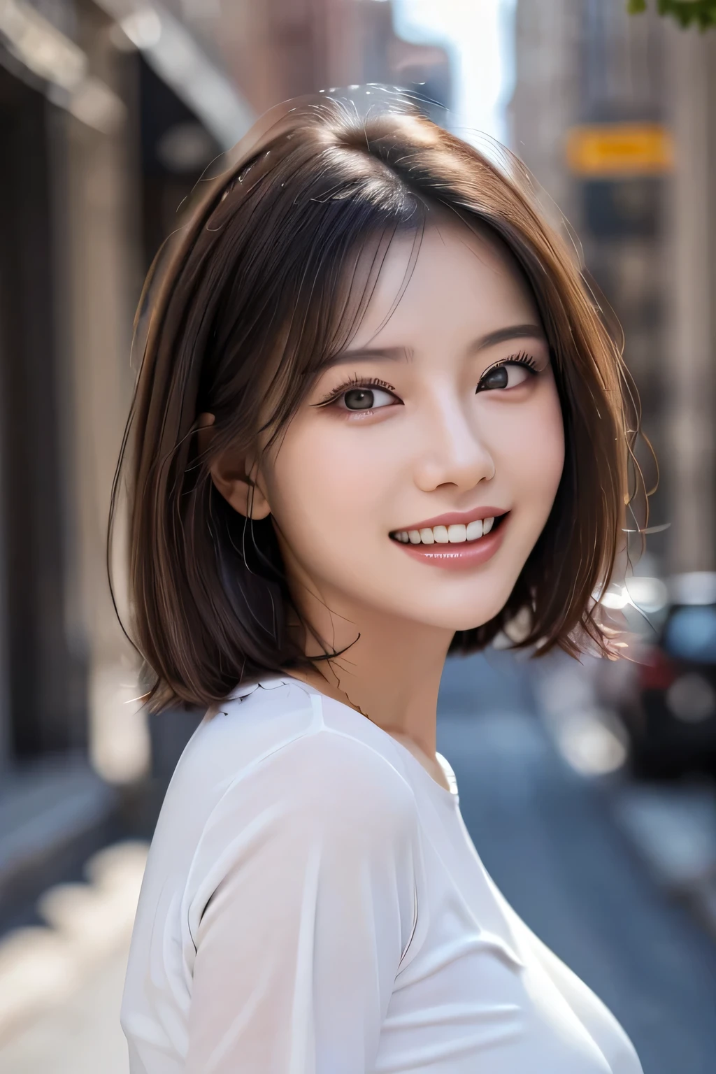 (8k, RAW Photos, highest quality, masterpiece, Realistic, Realistic), (1 female), (Ultimate beauty), Highly detailed face, (Perfect Teeth), Beautiful Eyes, double eyelid, eyelash, smile, Lip details, (Neat brunette bob), The light shines on your face, Big Breasts, ((Colorful mini dresses)), (Front view), (background: none),  Background blur