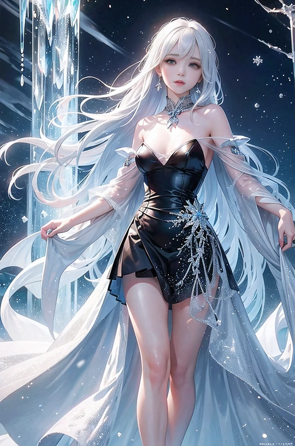 wood, Detailed mini ice spikes and crystals, Frozen waterfall as background, Light reflected on ice crystals, Flowing snowflakes.Beautiful woman、white hair、cutegirl,Realistic people,black dress