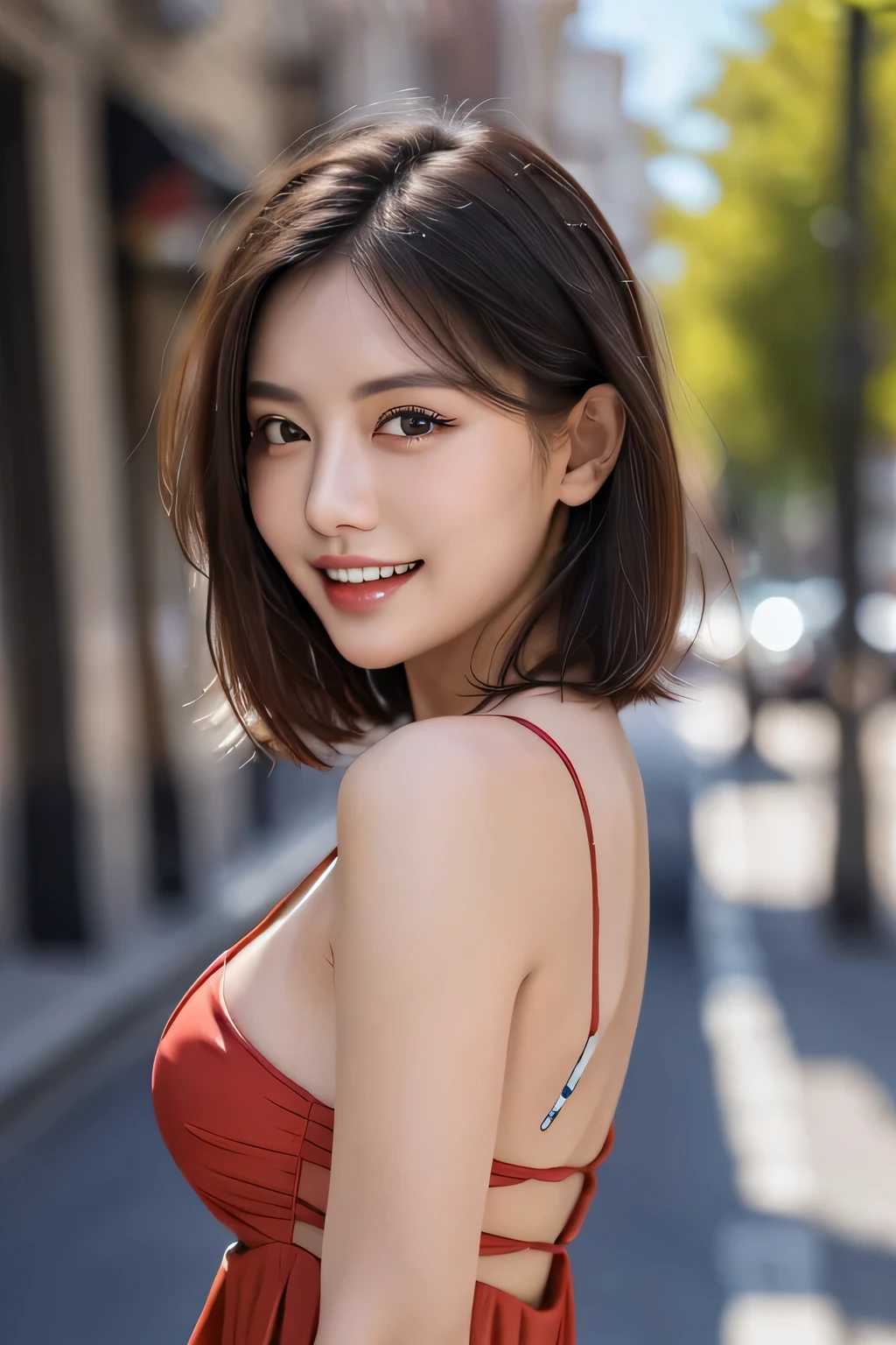 (8k, RAW Photos, highest quality, masterpiece, Realistic, Realistic), (1 female), (Ultimate beauty), Highly detailed face, (Perfect Teeth), Beautiful Eyes, double eyelid, eyelash, smile, Lip details, (Neat brunette bob), The light shines on your face, Big Breasts, ((Colorful mini dresses)), (Front view), (background: none),  Background blur