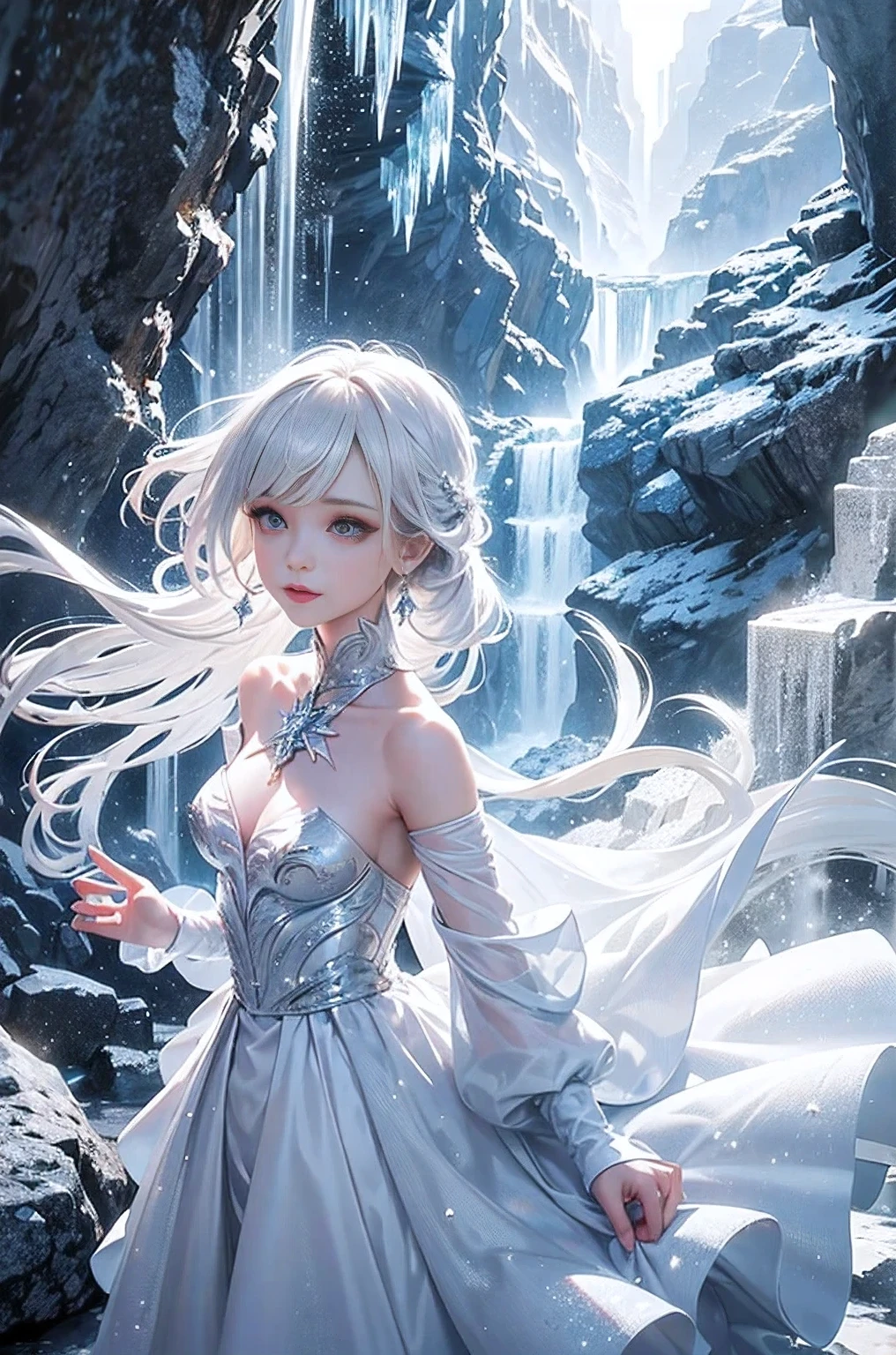 wood, Detailed mini ice spikes and crystals, Frozen waterfall as background, Light reflected on ice crystals, Flowing snowflakes.Beautiful woman、white hair、cutegirl,Realistic people,black dress
