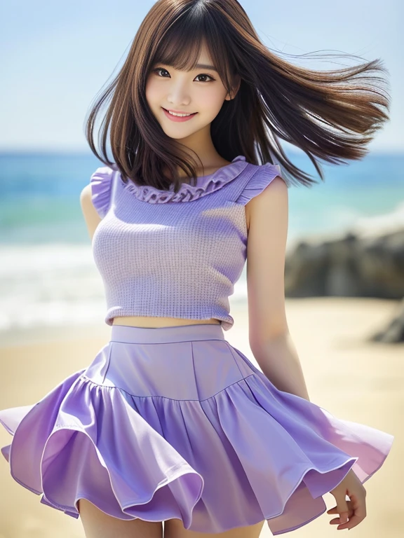 Photo-realistic quality、a close up of a woman in a light purple top and skirt on a beach,  Beautiful Asian Girl, pretty girl,  Japanese Model, Beautiful girl model,Light grey frilled mini skirt、 pretty girl, cute beautiful,  An attractive idol, Beautiful model woman、looking at the camera、Light grey mini skirt、Delicate and beautiful eyes、Soft lips、Cute smile