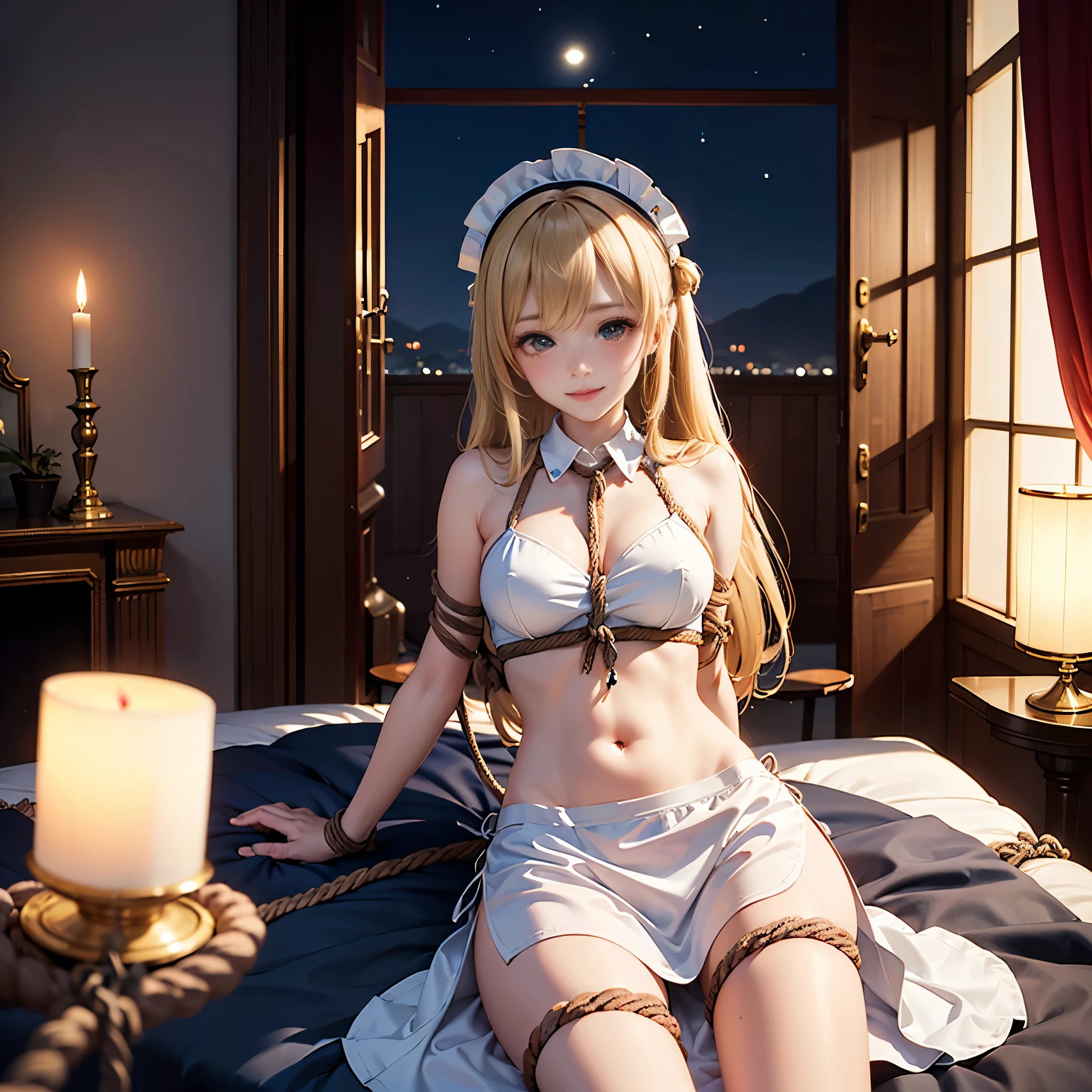 masterpiece,high detail,best quality,super detail, blush, happiness, lying, Anime, ((maid)), cute, (from front,looking at viewer), (tied up with rope:1.5), (slender:1.3), (long blonde:1.5), belly button, luxury room, night, blue hour, candle, candlestick