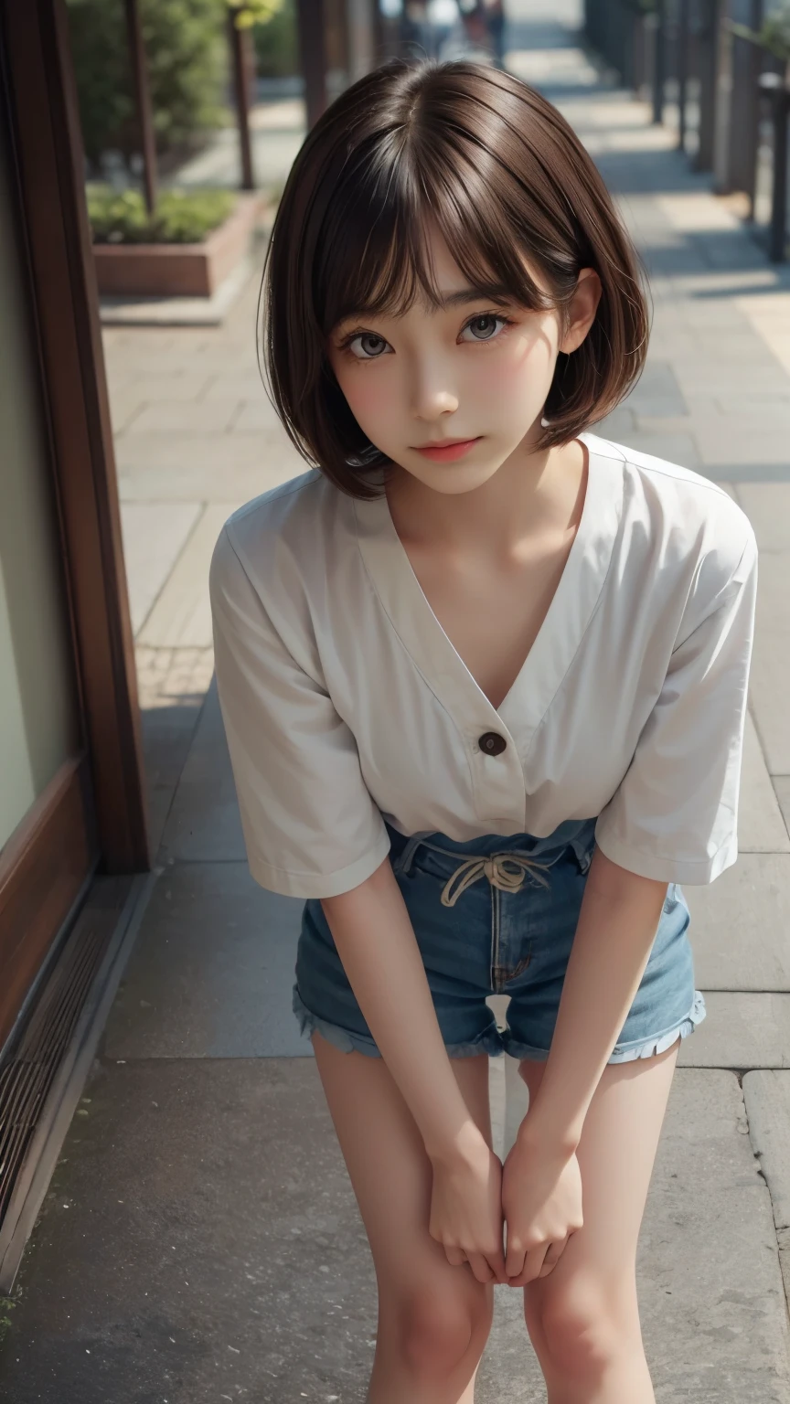 detailed face, cute face,brown eye, ((standing)) , (both hands on knee) , leaning forward , master piece , best quality , highly detailed , (matured female) , extra short hair, sidelocks-hair, japanese
