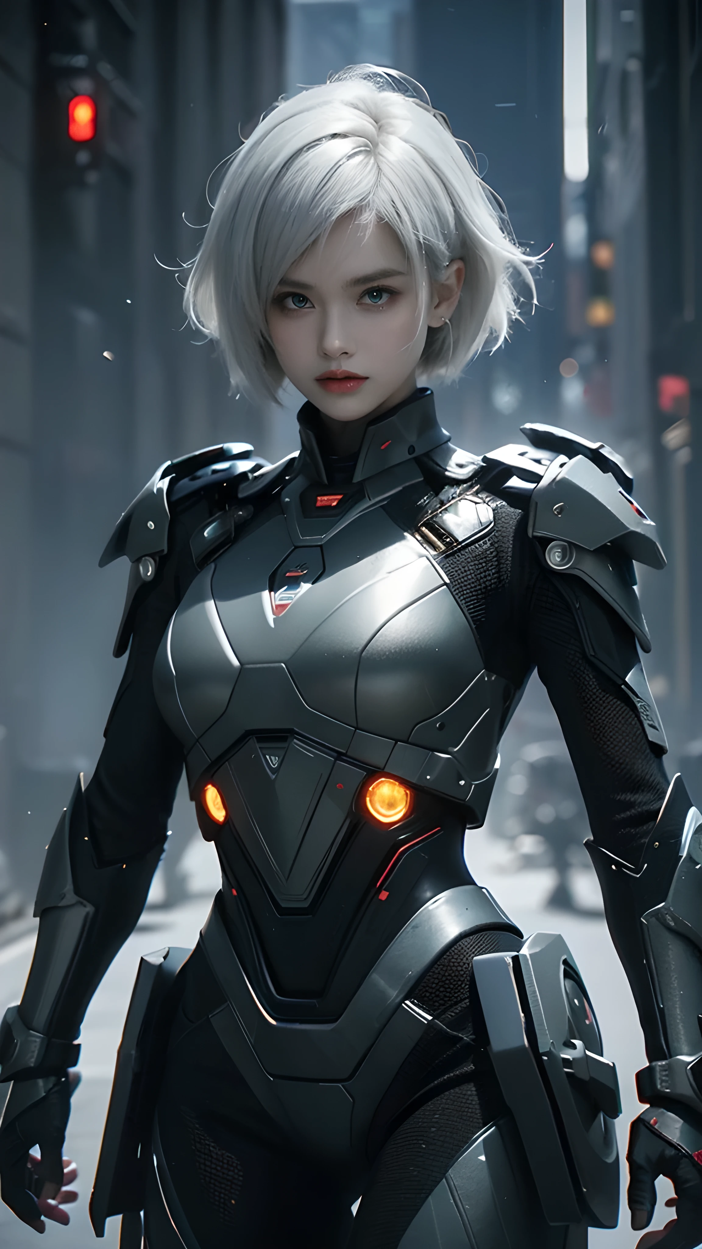 Game Art,Best picture quality,Maximum resolution,8k,((A bust photo)),((portrait)),(Rule of Thirds),Unreal Engine 5 rendering works, (Future Girl),(Female Warrior), 22-year-old young hacker),(White short hair,Long hair casual),(Beautiful eyes full of details),(Large Breasts),(Eyeshadow),Elegant and charming,indifferent,((surprise)),(Combat suit full of future technology,The costume is a fusion of futuristic power armor and,Clothing is decorated with glittering patterns and emblems),Cyberpunk Characters,Future Style, Photo poses,City background,Movie Lighting,Ray Tracing,Game CG,((3D Unreal Engine)),oc rendering reflection pattern