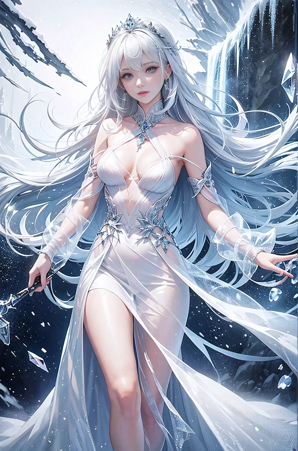 wood, Detailed mini ice spikes and crystals, Frozen waterfall as background, Light reflected on ice crystals, Flowing snowflakes.Beautiful woman、white hair、cutegirl,Realistic people,black dress
