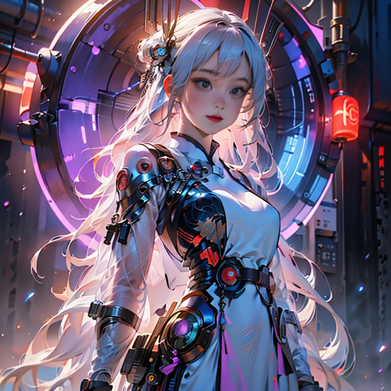 1 Girl Solo, perfection_hand, (8k, RAW Photos, highest quality, masterpiece:1.2), (Realistic, photo-Realistic:1.4), (Highly detailed CG Unity 8k wallpaper),whole body, (Neon Light:1.2), Machopp, Mechanical arms,Mecha, Hanfu, Chinese clothing, dress,