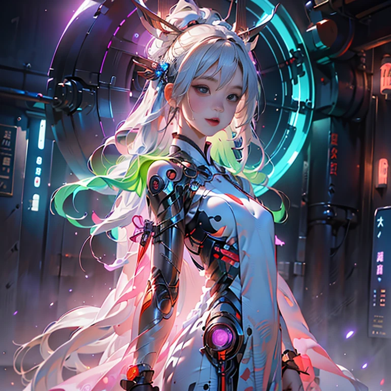 1 Girl Solo, perfection_hand, (8k, RAW Photos, highest quality, masterpiece:1.2), (Realistic, photo-Realistic:1.4), (Highly detailed CG Unity 8k wallpaper),whole body, (Neon Light:1.2), Machopp, Mechanical arms,Mecha, Hanfu, Chinese clothing, dress,